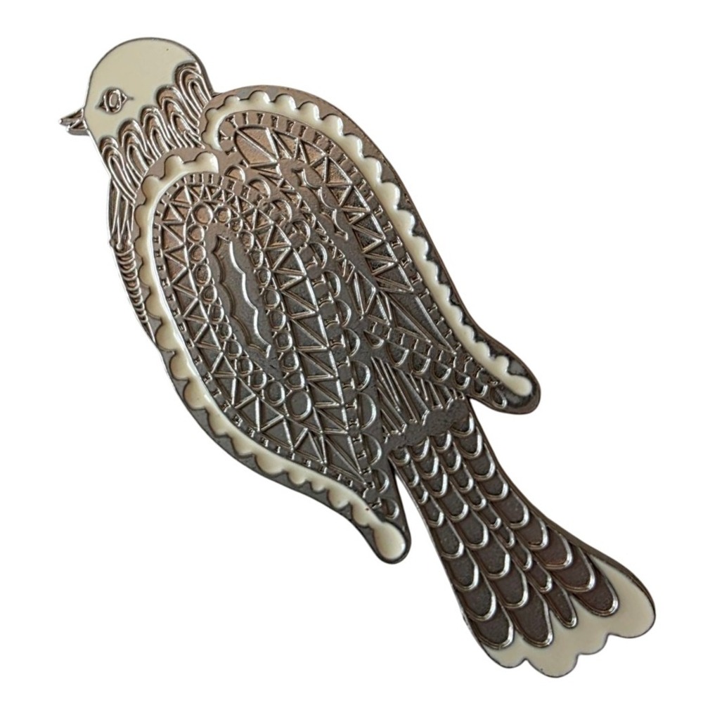 Neiman‎ Marcus Bird Brooch Pin Silver Tone Cream Enamel
